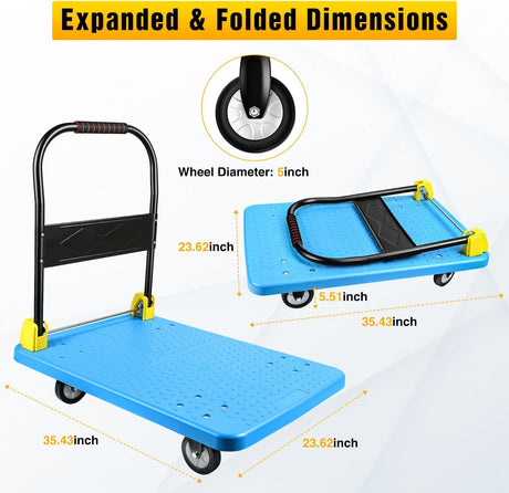 Heavy Duty Platform Cart 1100 lbs Push Cart Dolly with 5 Inch TPR Wheels 35.4 x 23.6 Inch PP Deck Flatbed Cart Platform Truck for Home Garage Warehouse Use Black