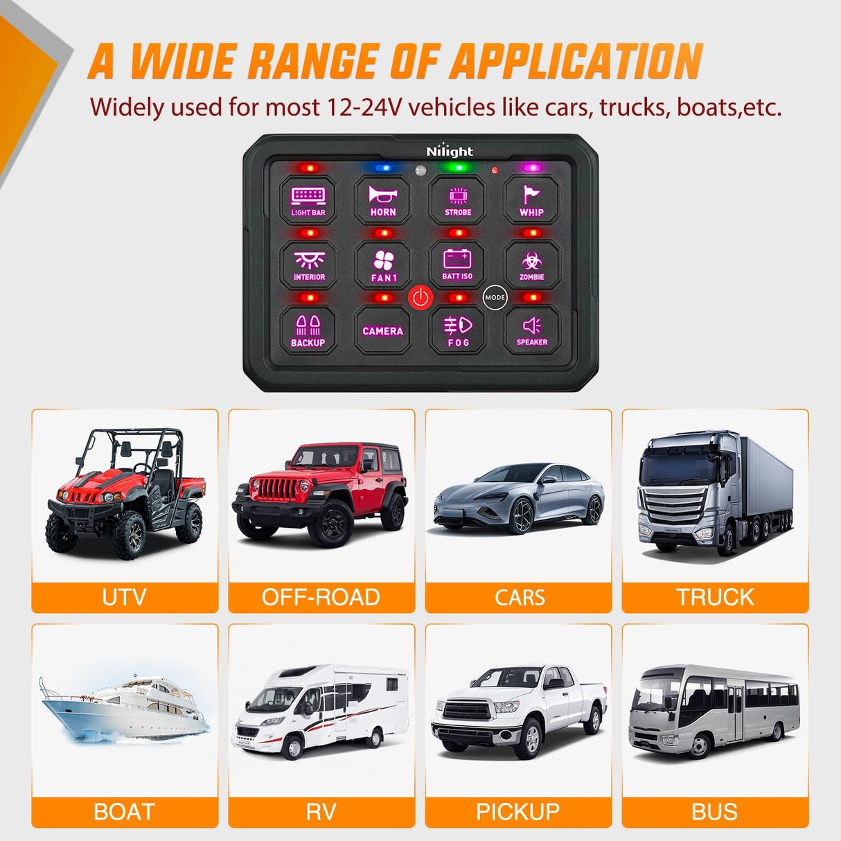 12 Gang Switch Panel Circuit Control Relay System RGB Backlight Fuse Wiring Harness Toggle Momentary Strobe Flash Modes Automatic Dimmable 12V 24V for Car Truck Camper SUV
