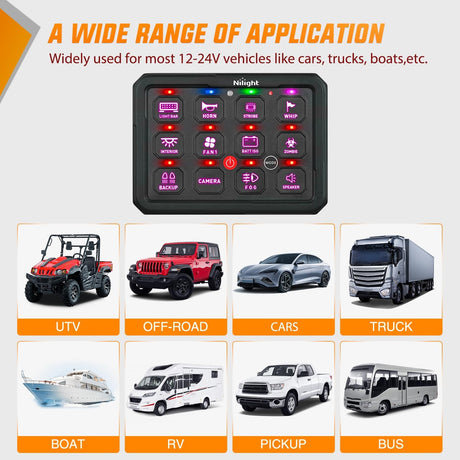 12 Gang Switch Panel Circuit Control Relay System RGB Backlight Fuse Wiring Harness Toggle Momentary Strobe Flash Modes Automatic Dimmable 12V 24V for Car Truck Camper SUV