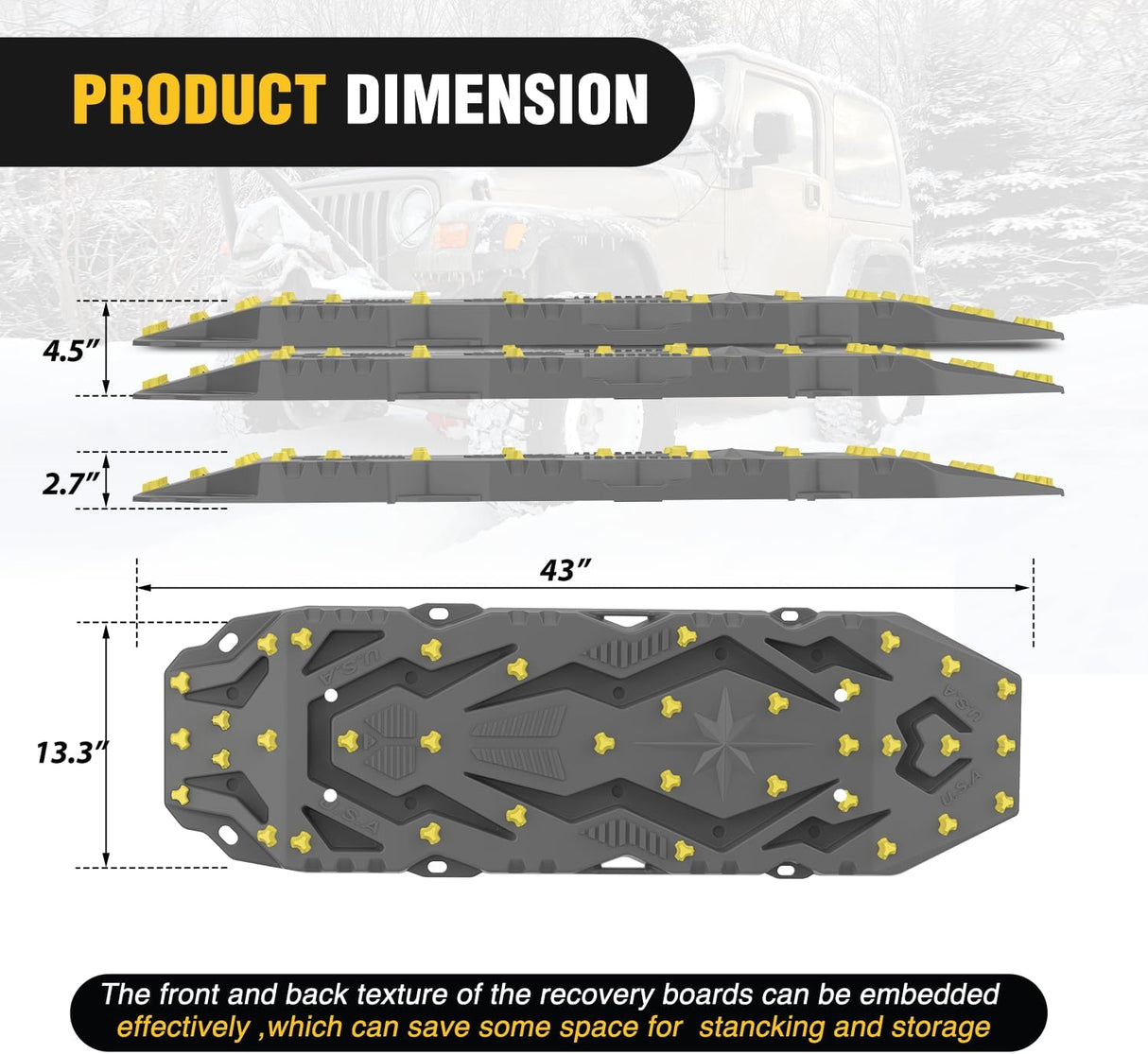 Recovery Off-Road Traction Boards 2Pcs 43 InchL x 13.3 InchW with Yellow Teeth for 4WD 4X4 Mud Sand Snow Includes 2PCS Mounting Kit & Carry Bag (Grey)