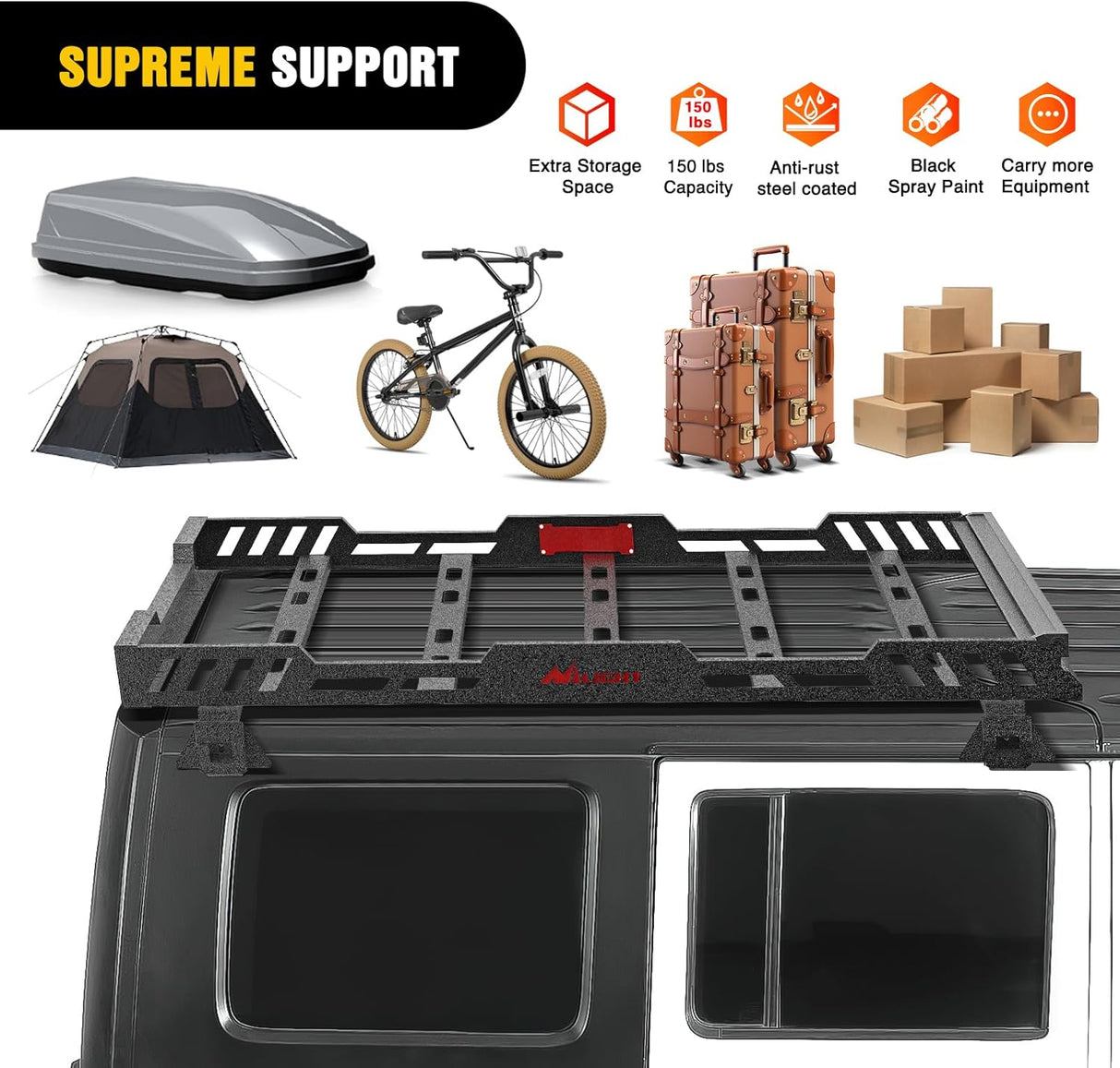 Roof Rack Cargo Basket with LED Light Bar Compatible with 2007-2026 Wrangler JK JL Unlimited & Gladiator JT 4 Door Hardtop, JKU JLU Luggage Rooftop Storage Carrier