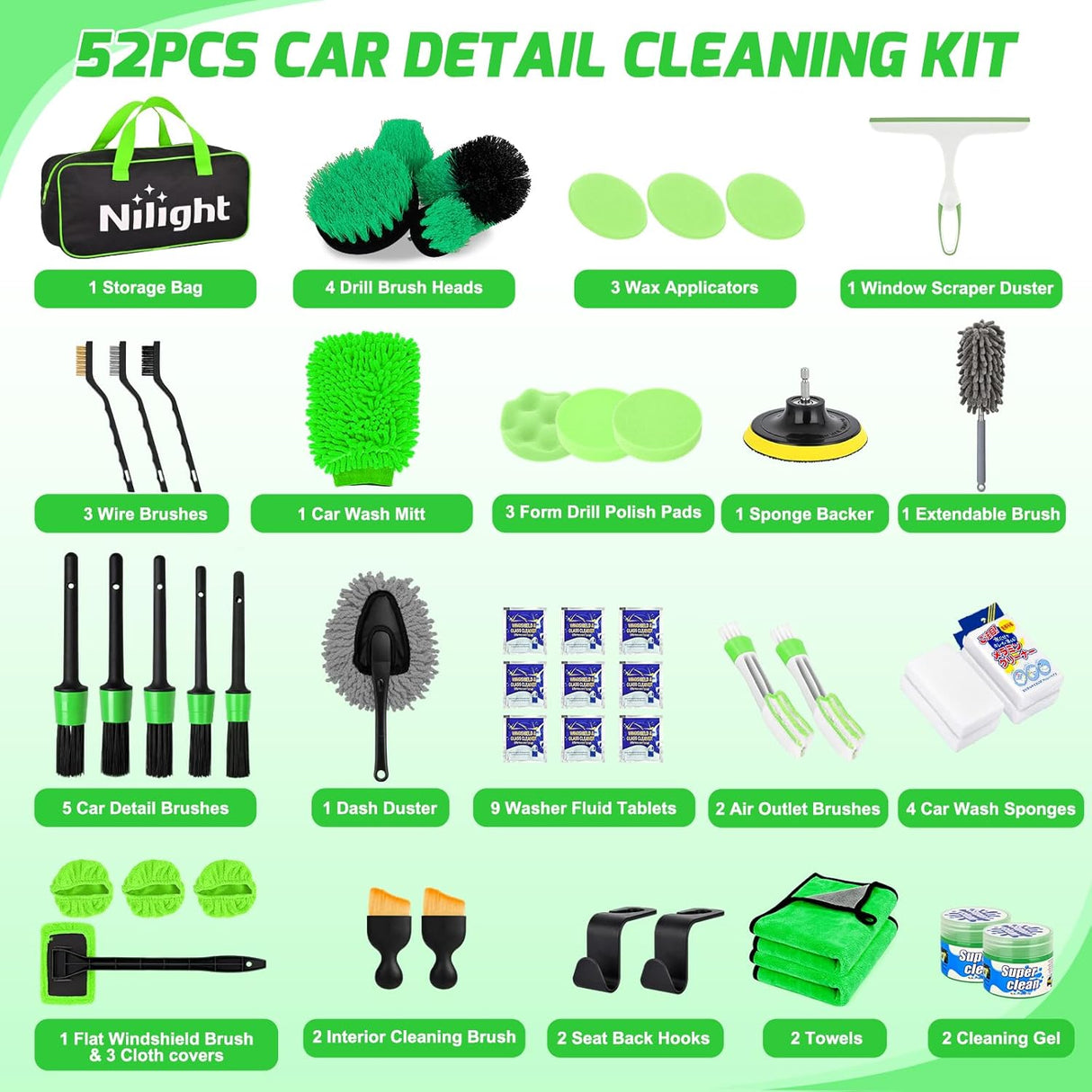Automotive Tools 52PCS Car Detailing Kit Auto Cleaning Tools Wash Set with Storage Carry Bag Home Use for Interior Exterior Deep Clean Polish Car Care Windshield Dashboard Seat Air Vents Wheels Tires, Green
