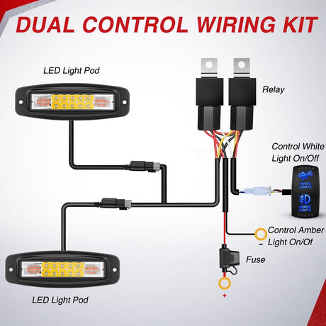 Flush Mount LED Light Pods 2PCS 6 Inch 60W Amber White 3 Lighting Modes Fog Lights Spot Flood Beam with Dual Control 18AWG Wiring Harness for Truck Pickup Golf Cart UTV ATV SUV Boat 4x4 Car