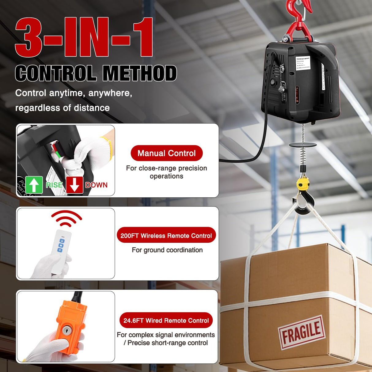 3-in-1 Electric Hoist Winch, 1100LBS 1500W Portable Power Winch Crane with Manual Wired Wireless Remote Control, 110V Electric Winch 25FT Lifting Height for Garage Warehouses Factories, Black