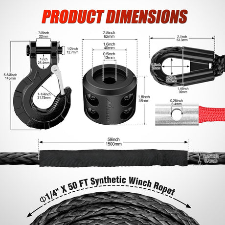 Winch Rope 1/4 Inch x 50 Feet Synthetic Winch Line Cable Kit for ATV UTV Offroad 10000 lbs Black Winch Line Ropes with Protective Sleeve+ Forged 35000lb Winch Hook+Rubber Stopper+Safety Strap