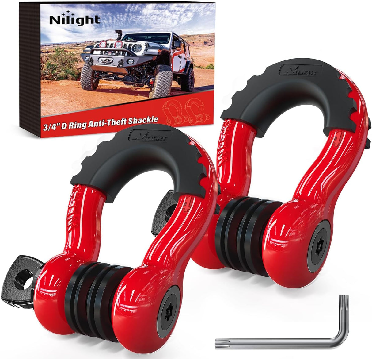 3/4 Inch D Ring Anti-Theft Shackle Tow Hook Jeep Truck SUV ATV UTV | Off Road Recovery Gear 19T 41,887 lbs Break Strength 4.75T WLL Rust-Resistant Anti-Rattle Isolators Heavy Duty Red 2pack