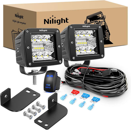 Light Bar 2PCS 3 Inch LED Pods Cubes UTV Rear Roof Mounting Brackets LED Backup Reverse Lighting 15FT Wiring Harness Kit 2 Leads for 2013-2024 Polaris Ranger Full Size 570 800 900 1000 XP Crew