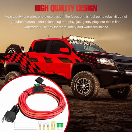 Electric Fuel Pump Relay Kit Wiring Harness 40 AMP Relay Heavy Duty 10 Gauge Cables w/30 AMP Blade Fuse 12V System for Trucks Cars RVs Marine Boats Trailers