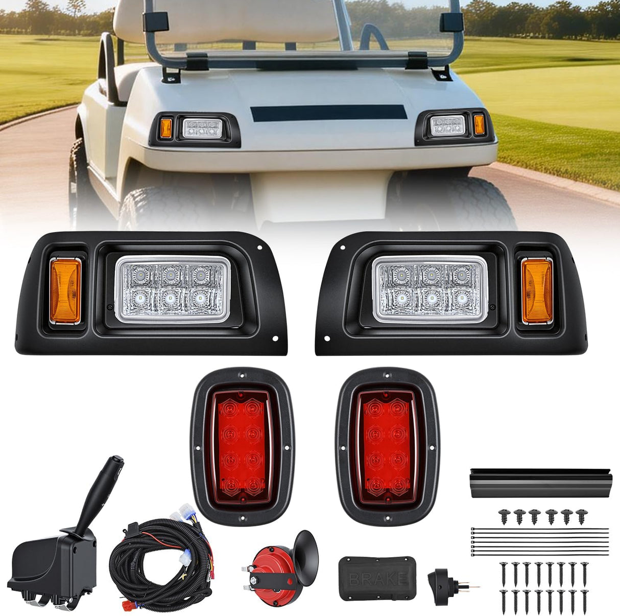 Golf Cart LED Headlight Tail Light Kit with Stop Brake Turn Signals Running Lights Horn 12V for 1993-Up Club Car DS Electric Carts