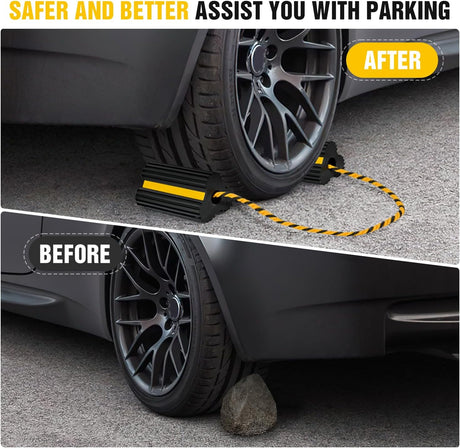 Wheel Chocks RV Car Heavy Duty Rubber Tire Chock Blocks Stopper Yellow Reflective Strips Stabilizer 4 Pack with Rope for RVs Cars Travel Trailers Campers Trucks Motorcycle Accessories Parking