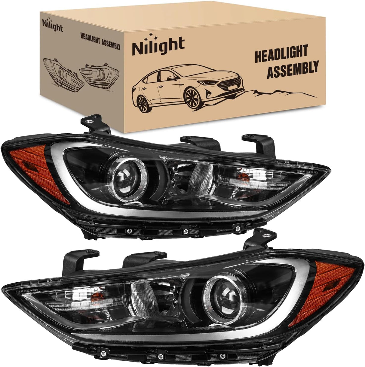 Headlight Assembly Compatible with 2017 2018 Hyundai Elantra | 2017 2018 Hyundai Elantra OE Style Projector Replacement Black Housing Amber Reflector Headlamp