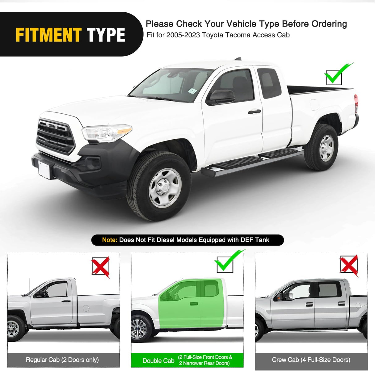 Running Boards for Toyota Tacoma 2005-2023 Double Cab | for 2 Full-Size Door & 2 Half-Size Door 6 Inch Side Step Nerf Bars Stainless Steel