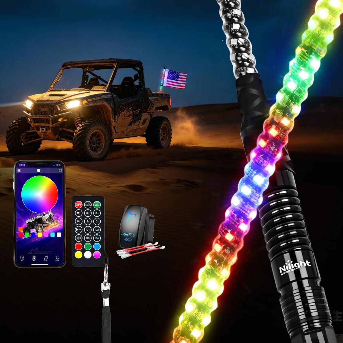 RGB LED Whip Light 1PC 2FT Spiral Antenna Whips | APP and Remote Control with DIY Chasing Patterns Turn Signal Brake Reverse Functions and Spring Base for ATV UTV Jeep