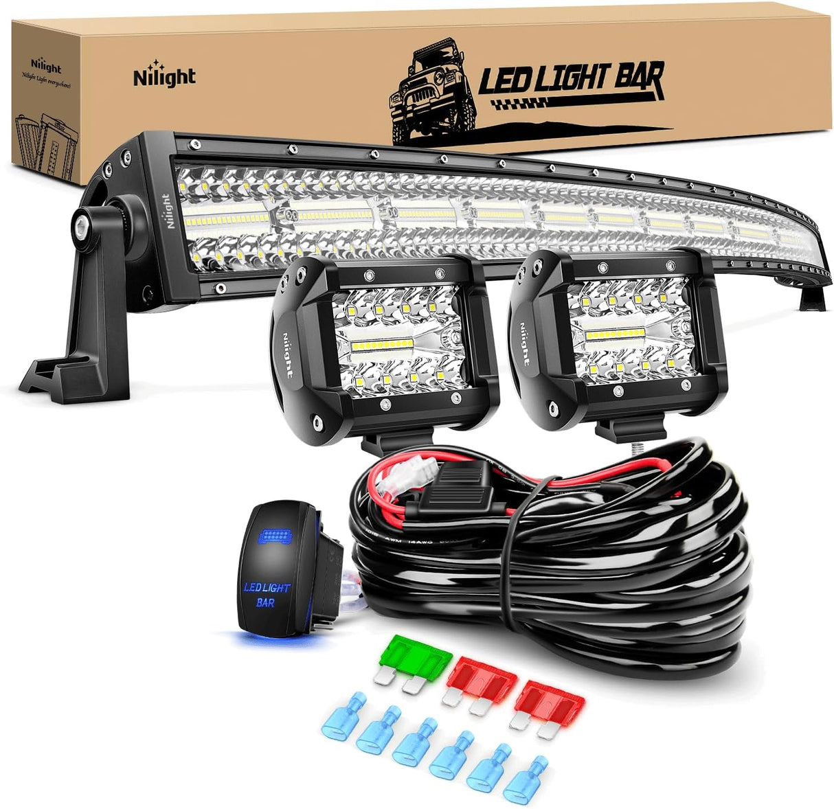 42Inch LED Light Bar 2Pcs 4Inch 60W Spot Flood Lights Pods Off Road DrivingWork Lighting with 14AWG Wiring Harness Kit-3 Leads for Truck Tractor Pickup Boat SUV ATV UTV Car Van Camper