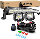 42Inch LED Light Bar 2Pcs 4Inch 60W Spot Flood Lights Pods Off Road DrivingWork Lighting with 14AWG Wiring Harness Kit-3 Leads for Truck Tractor Pickup Boat SUV ATV UTV Car Van Camper
