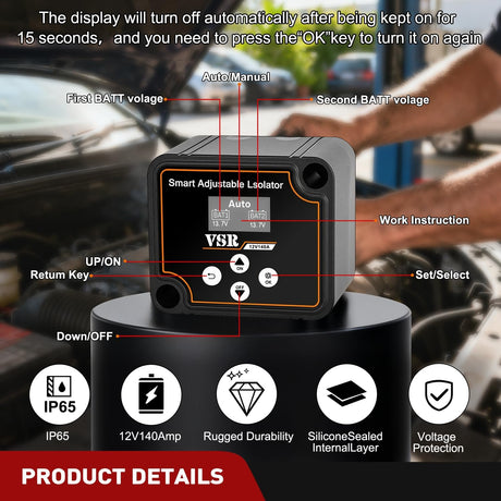 Dual Battery Isolator Kit Smart Adjustable 12V 140 AMP Auto Manual Voltage Sensitive Relay VSR Automatic Disconnect Switch Delay Setting Waterproof for Truck Car Van RV ATV UTV Marine Boat