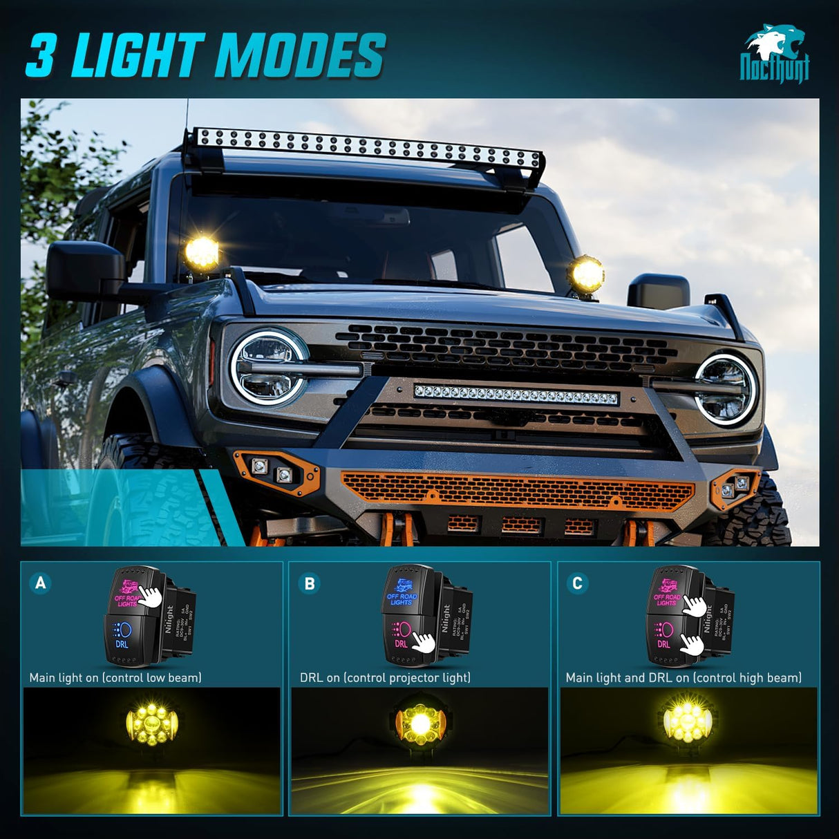 7 Inch LED Offroad Driving Lights High Low Beam 2 PCS 80W Round Amber Light Side Shooter Spot Flood Fog Light Pod w/ 16 AWG DT Connector Wiring Harness Kit for Jeep Truck ATV UTV SUV