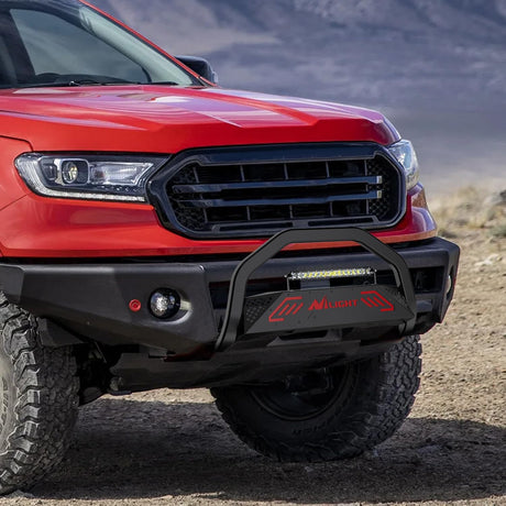 Bull Bar&License Plate Hole with LED Light Bar Compatible with Ford Ranger 2019 2020 2021 2022 2023 2024 2025 2026 Truck Brush Guard, Front Bumper Push Bar w/Grille Skid Plate Light Mount