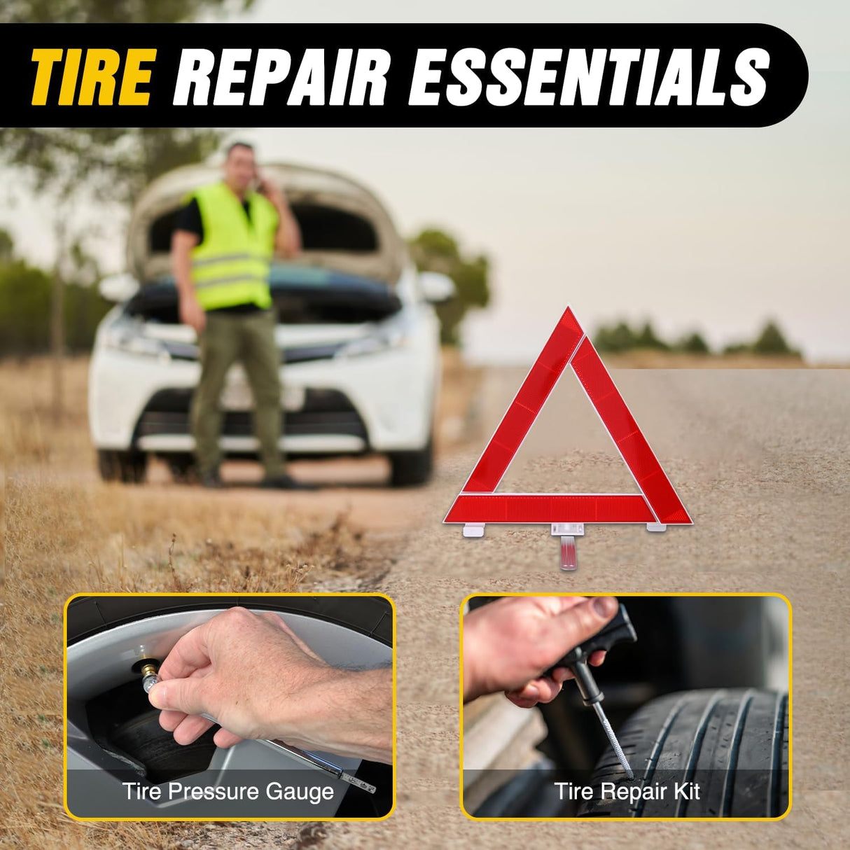 Car Emergency Kit with Jumper Cable Air Compressor Tire Repair Essential Tools First Aid Alligator Connector Electrical Kit for Travel Camping Outdoor Cars Truck SUV RV