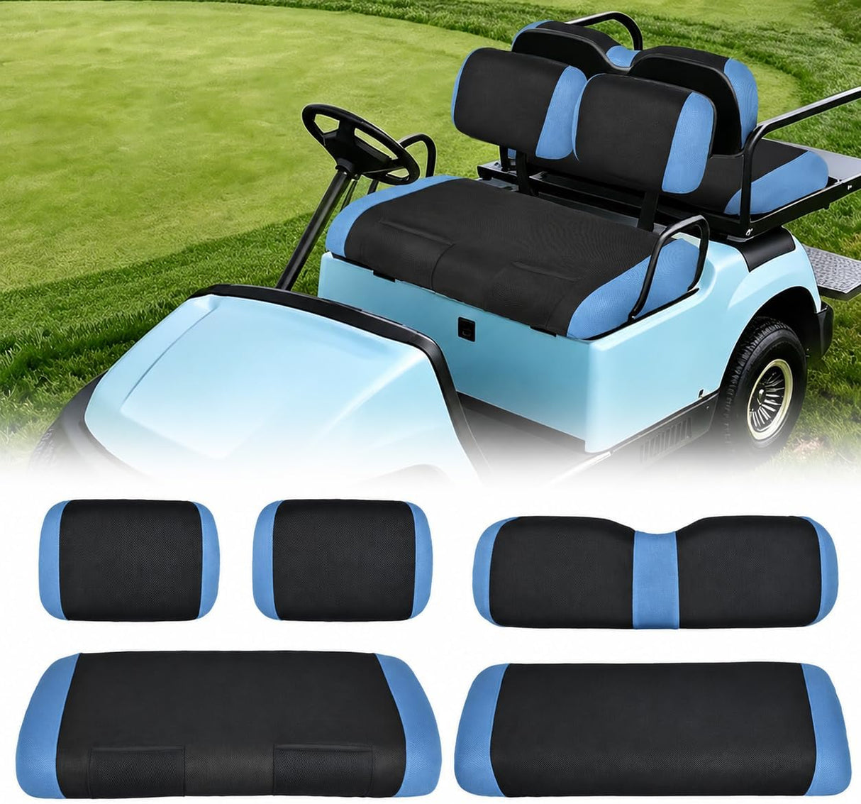 Golf Cart Seat Covers 2PCS Blue Black for Club Car DS Yamaha | Breathable Sandwich Mesh Sun Scratch Resistant Washable No Staple Fits 1982-2000 Club Car DS Yamaha G22 G19 G16 G9 G2