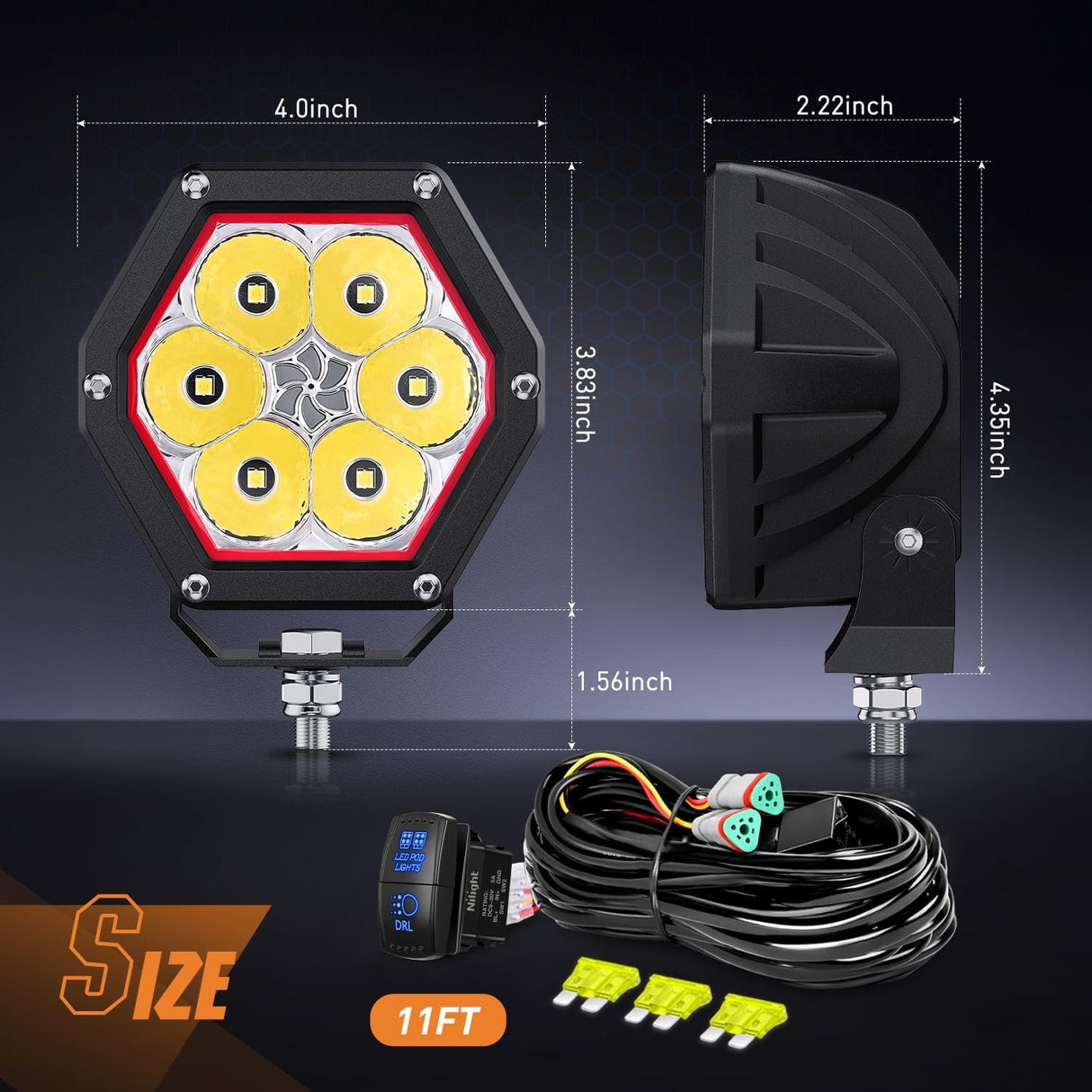 LED Pod Lights with Amber DRL 4 Inch 30 W Hexagon Offroad Driving 2600 LM Super Spot Light 16 AWG Wiring Harness Kit for LED Auxiliary Work Lights for Truck UTV ATV SUV 4x4