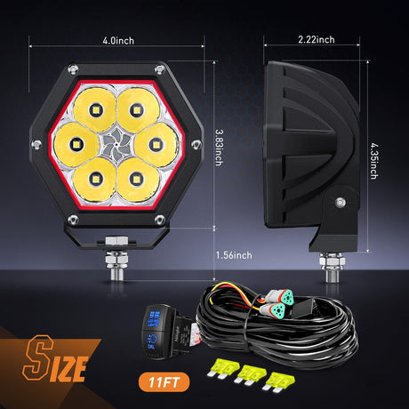 LED Pod Lights with Amber DRL 4 Inch 30 W Hexagon Offroad Driving 2600 LM Super Spot Light 16 AWG Wiring Harness Kit for LED Auxiliary Work Lights for Truck UTV ATV SUV 4x4