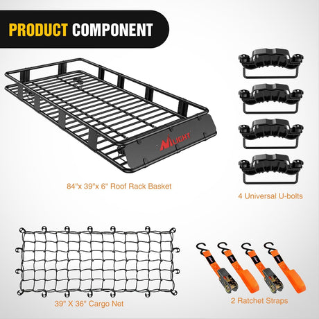 84 Inch x 39 Inch x 6 Inch Universal Roof Rack Cargo Basket Heavy-Duty 250LBS Capacity Rooftop Cargo Carrier with Cargo Net Ratchet Straps Luggage Holder for SUV Truck Vehicle