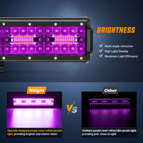 12 Inch LED Light Bar Purple Triple Row 240W Flood Spot Combo Off Road Driving Decoration Neon Hunting Lighting for UTV Pick-up Van Boat Tractor