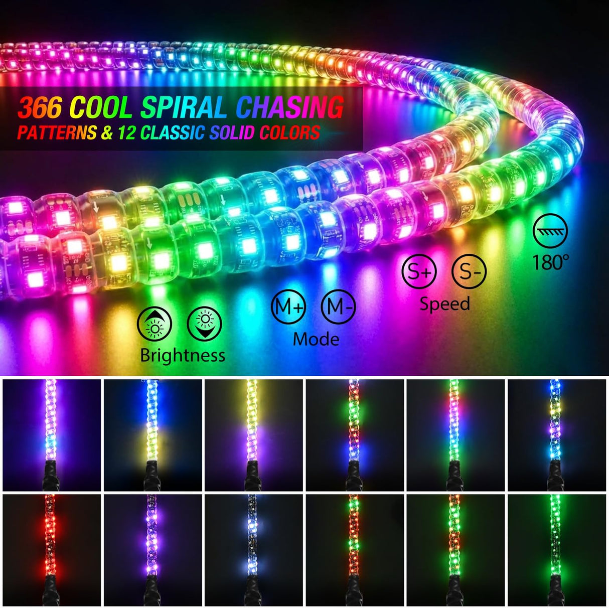 RGB LED Whip Light 2PCS 2FT Spiral Antenna Whips | APP and Remote Control with DIY Chasing Patterns Turn Signal Brake Reverse Functions and Spring Base for ATV UTV RZR and Jeep