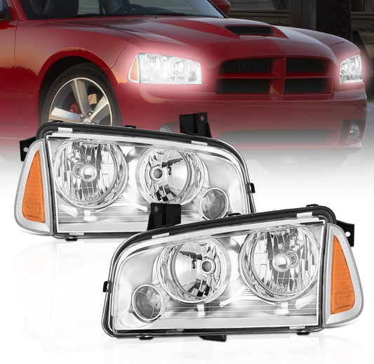 Headlight Assembly Compatible with 2006 2007 2008 2009 2010 Dodge Charger Chrome Housing Amber Reflector Clear Lens Headlights Replacement Bumper Lamp Set Driver and Passenger Side