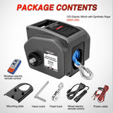 Boat Trailer Winch 3500 lbs Portable Electric Boat Winches 12 V DC Marine Winch with Synthetic Rope Remote Control Hand Crank Power-in Freewheel Waterproof Winch for Boat Trailer Towing, Gray