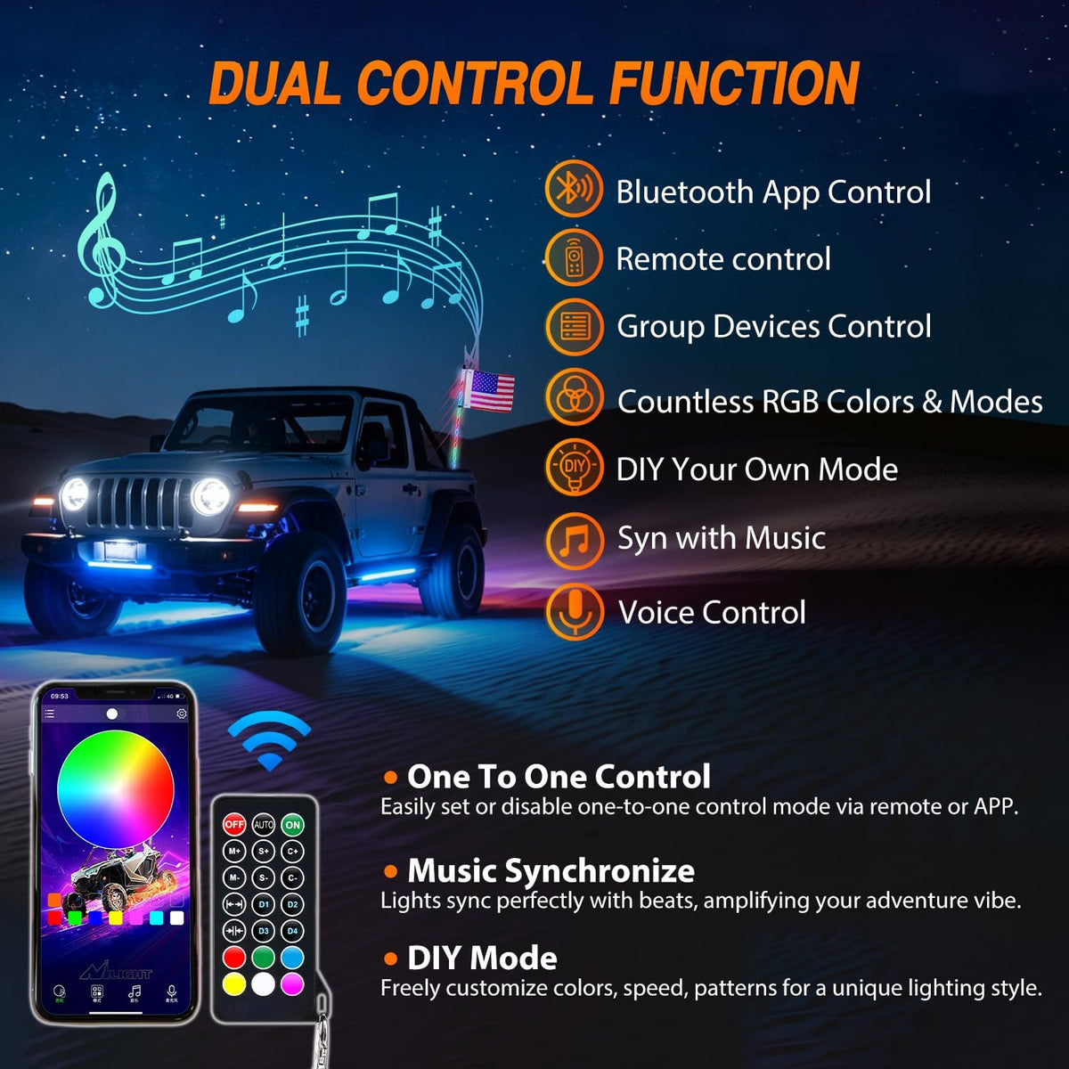RGB LED Whip Light 1PC 4FT Spiral Antenna Whips | APP and Remote Control with DIY Chasing Patterns Brake Reverse Functions and Spring Base for ATV UTV RZR Can Am and Jeep