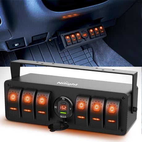 6 Gang Rocker Switch Box 12V SPST ON Off Toggle Switches PD Type C and QC 3.0 USB Sockcet Voltmeter LED Light Waterproof Aluminum Mount Bracket Panel DIY Stickers for Boat Car RV Truck