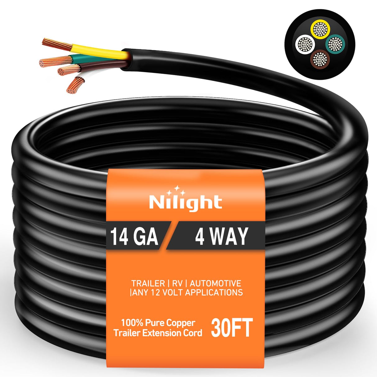 30 Feet 4 Way Trailer Wire Extension Cable 14 Gauge 4 Conductor | 100% Pure Copper Insulated Heavy Duty Weatherproof for 4 Pin Blade RV Automotive