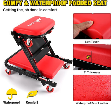 40 Inch Z Creeper - 2-in-1 Folding Rolling Mechanic Seat, 40 inches Adjustable Lay-Down or Sit Garage Chair, 330 lbs Capacity, Red Black