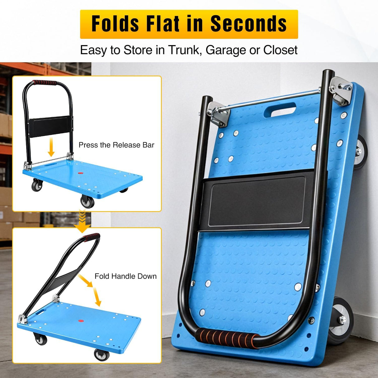Platform Cart 880 lbs Heavy Duty Push Cart Dolly with 5 Inch TPR Wheels 36 x 24 Inch PP Deck Flatbed Cart Platform Truck for Home Garage Warehouse Use Black