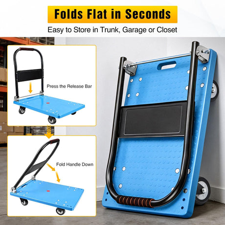 Platform Cart 880 lbs Heavy Duty Push Cart Dolly with 5 Inch TPR Wheels 36 x 24 Inch PP Deck Flatbed Cart Platform Truck for Home Garage Warehouse Use Black