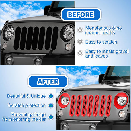 Grill Inserts fit for Jeep Wrangler Front Grille Mesh Inserts & Headlight Cover Set for JK JKU Unlimited Sports Sahara Freedom Rubicon 2007-2018 Clip-in Trim Exterior Accessories Red 9 Pcs