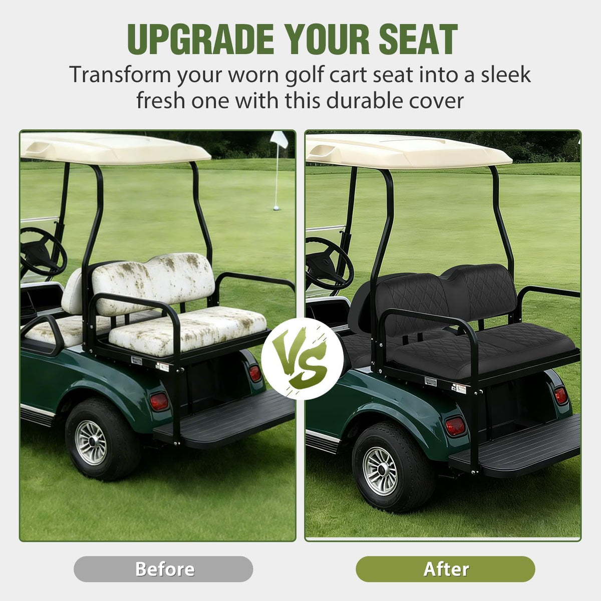 Golf Cart Seat Covers 2PCS Black Leather Club Car DS | Waterproof Leather No Staple Design All Season Protection Sun Scratch Resistant Cover Fits 2000-2026 Club Car DS