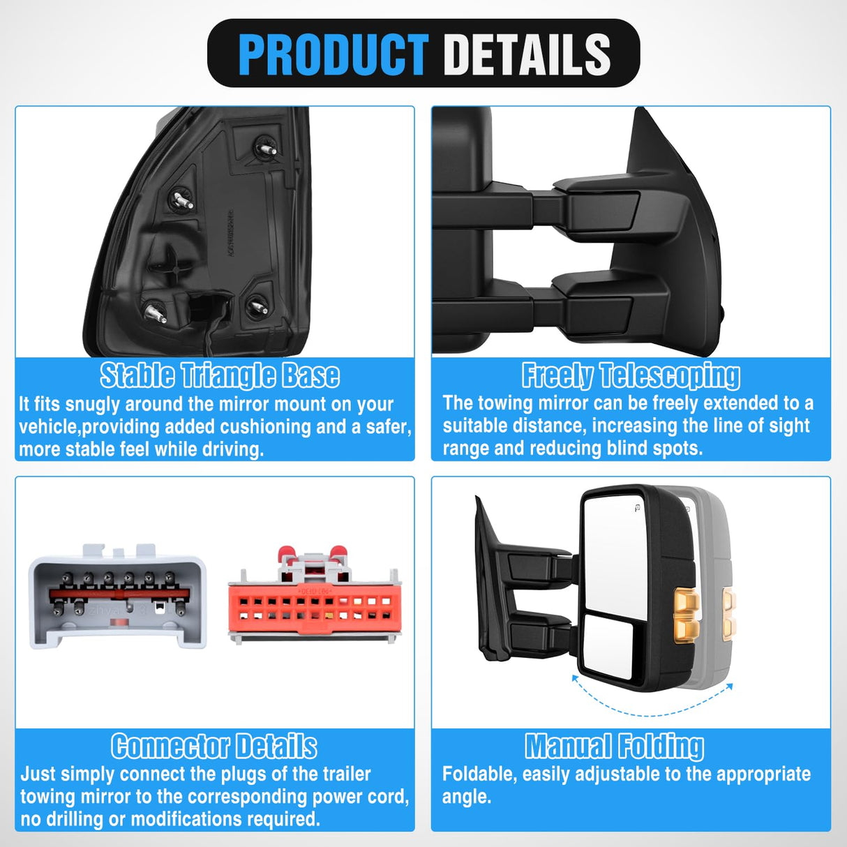 Towing Mirrors Turn Signal Puddle Lights Power Heated Adjustable Glass Manual Telescoping Folding Compatible With 1999-2007 Ford F250 F350 F450 F550 Super Duty