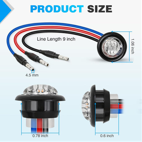 3/4 Inch Dual Color Marker Light 10PCS Red to Blue Brake Auxiliary Side Marker Clearance Indicator Bullet Lights 3 Plug Connector IP68 Waterproof for Trailer Truck Pickup Camper RV ATV UTV Van Bus