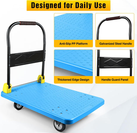 Heavy Duty Platform Cart 1100 lbs Push Cart Dolly with 5 Inch TPR Wheels 35.4 x 23.6 Inch PP Deck Flatbed Cart Platform Truck for Home Garage Warehouse Use Black