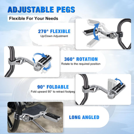 1.25 Inch Motorcycle Highway Pegs For Harley Davidson Touring Road King Street Glide Sportster, Adjustable Long Angled Foot Pegs Clamp Universal For 1-1/4 Inch Engine Guard Crash Bars Highway Footpegs