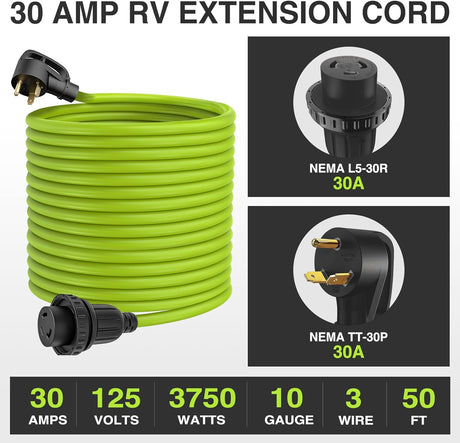 50FT 30 Amp RV Locking Extension Cord 125V Heavy Duty 10/3 Gauge Pure Copper STW Wire UL ETL Listed 3 Prong TT-30P L5-30R Weatherproof Suit for Camper Caravan Trailer Bright Green