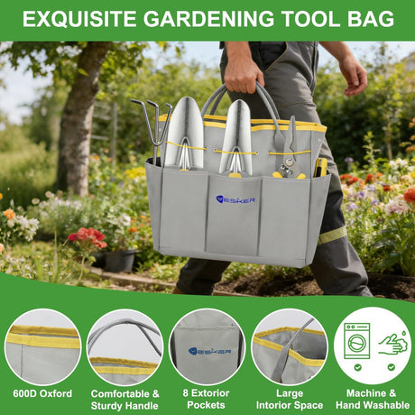 Gardening Tools 10-Piece Heavy Duty Garden Tool Set Gardening Supplies Gifts for Women Men Gardening Hand Tool Kit w Non-Slip Ergonomic Handle, Garden Bag, Durable Gloves, Pruning Shears, Gray
