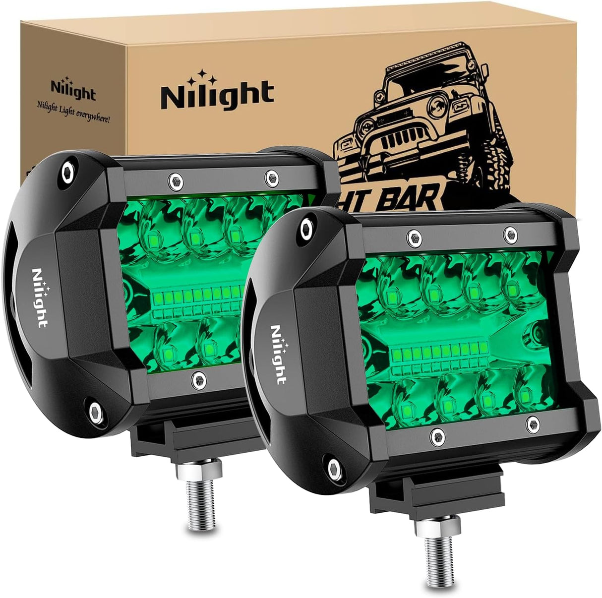 4 Inch LED Light Pods Green Triple Row 2PCS 60W Flood Spot Combo Off Road Driving Fog Fishing Hunting Emergency Safety Signal Deck Trailer Lighting for UTV Pick-up Van Boat Tractor