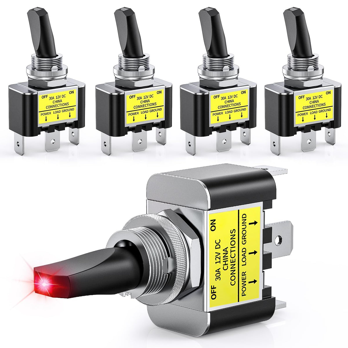 5PCS LED Toggle Switch ON Off 12V 30A Red LED Lighted Metal Switches ...