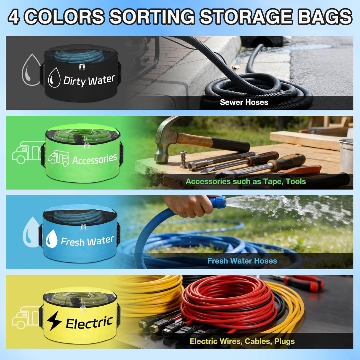 4 Pack RV Hose Storage Bag, Waterproof Utility Bag with Visible Cover & Dual Zipper Closure RV Storage and Organization for Sewer, Fresh Water Hoses Electrical Cords Camper Tools Accessories