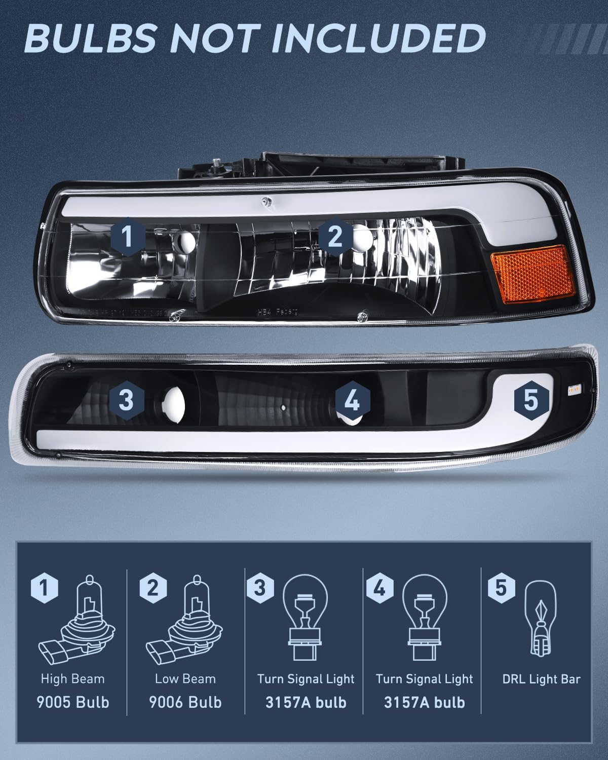 LED DRL Headlight Assembly for 1999 2000 2001 2002 Chevy Silverado 1500 1500HD 2500 2500HD 3500 Chevrolet Tahoe Suburban Replacement Headlamp Clean Lens Black Housing Amber Bumper Lights Set