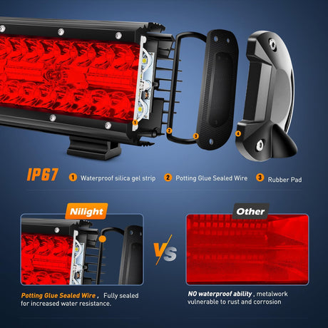 LED Light Bar 12 Inch 240W Red Pod Lights Triple Row Spot Flood Combo 30000LM Driving Boat Off Road Lighting for Trucks Pickup Golf Cart SUV ATV UTV 4x4 Van Camper Tractor